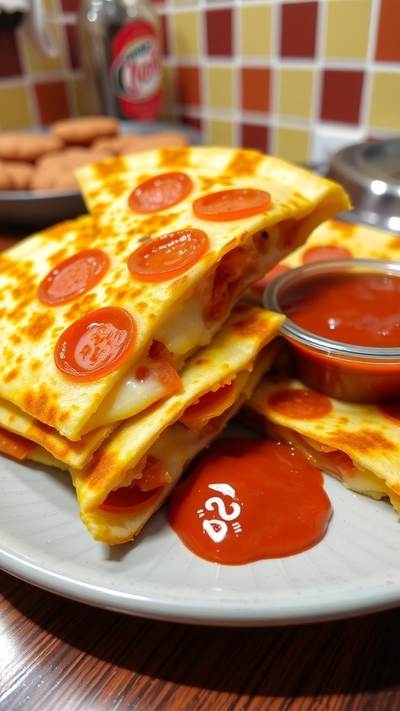 Crispy pepperoni pizza quesadilla cut into wedges, served with marinara sauce.